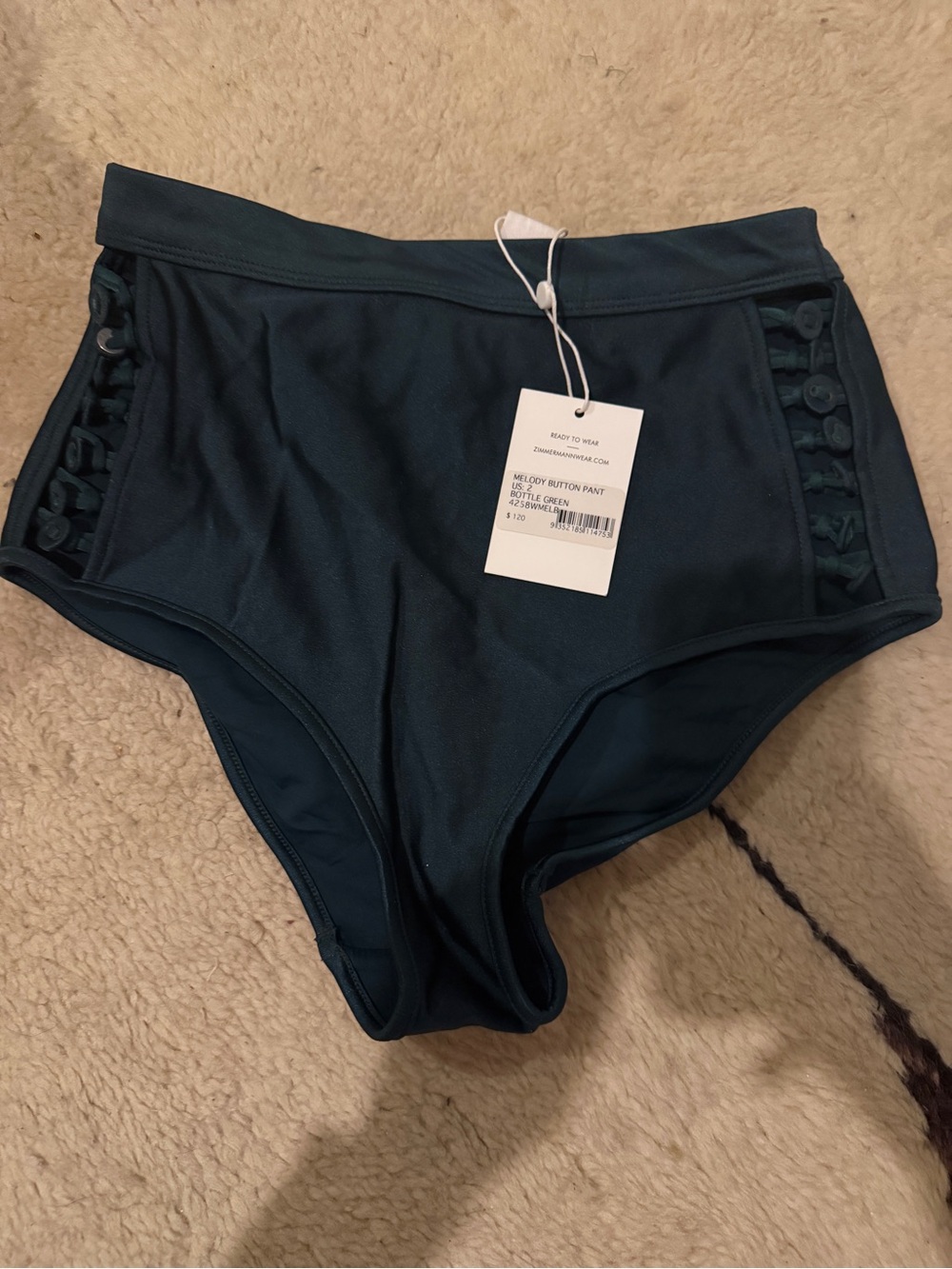 Zimmermann Melody Emerald High-Waist Button Side Bikini Bottoms